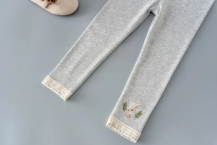 Kids Girls Spring Fall Bottom Legging Solid Elastic Waist Soft Rabbit Embroidery Pattern Pants 2-6Y Children Bottom Trouser