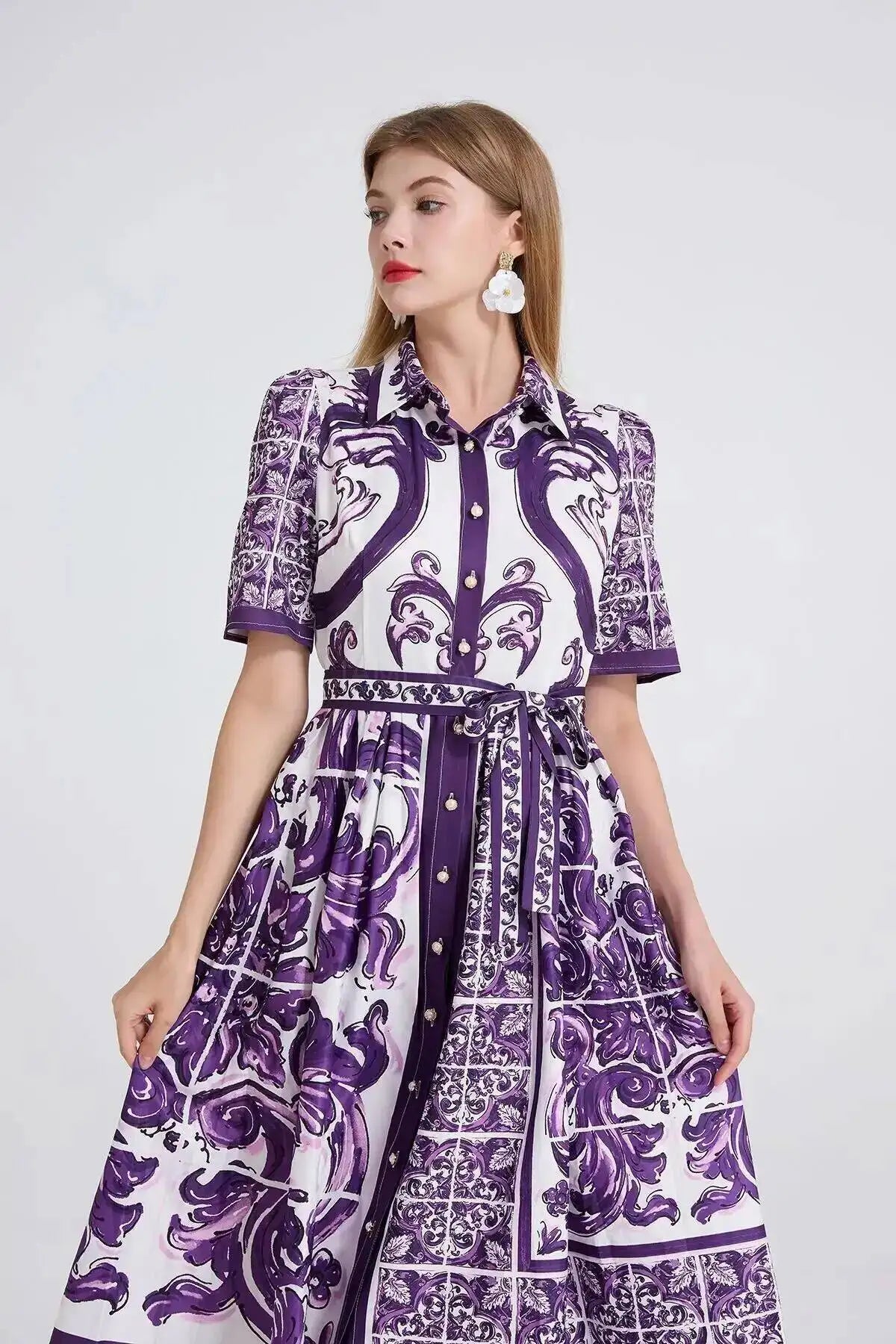 Fashion Summer Floral Long Dress Women Purple Porcelain Print Midi Dresses Shirt Single Breasted Office Lady Work Holiday Runway
