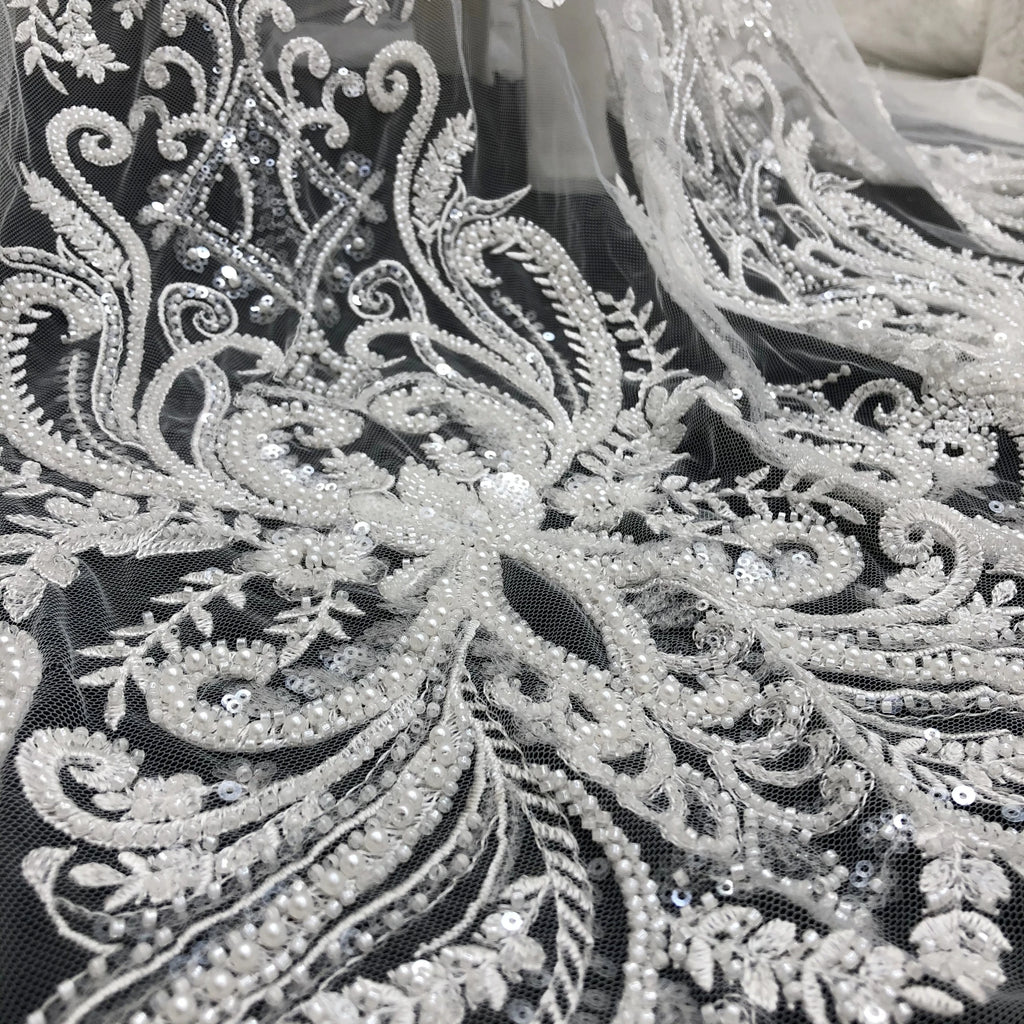 Luxury High-Quality Sequin Beads Embroidered Lace Fabric Suitable For Private Custom Wedding Dresses