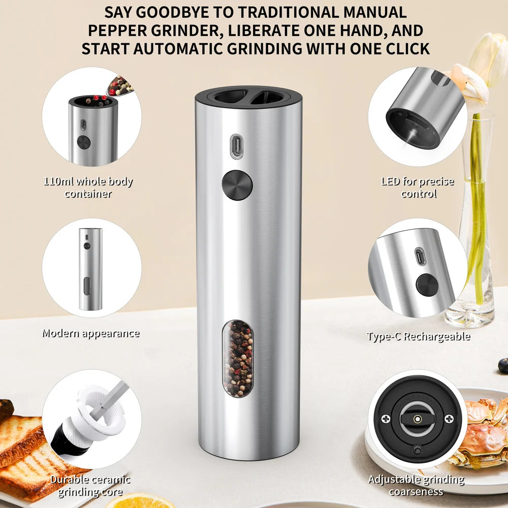 USB Rechargeable Automatic Pepper Grinder Salt And Pepper Mill Adjustable Coarseness Spice Grinder with LED Light for Kitchen