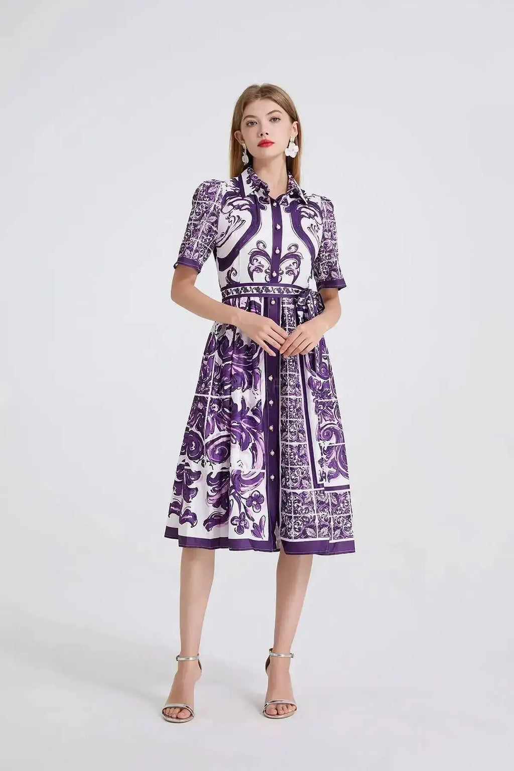 Fashion Summer Floral Long Dress Women Purple Porcelain Print Midi Dresses Shirt Single Breasted Office Lady Work Holiday Runway