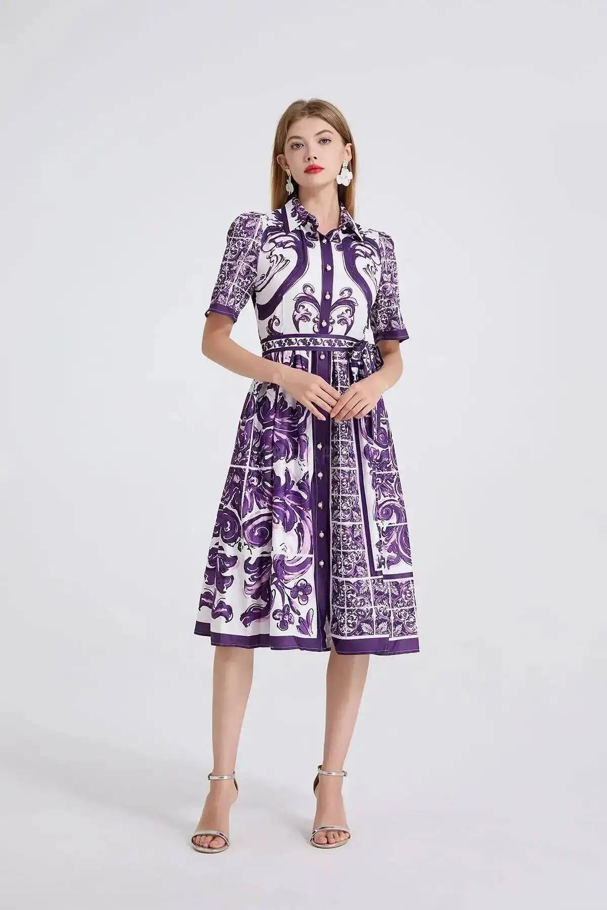 Fashion Summer Floral Long Dress Women Purple Porcelain Print Midi Dresses Shirt Single Breasted Office Lady Work Holiday Runway
