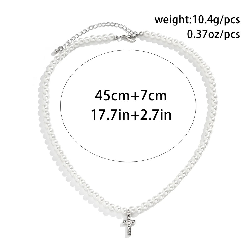 Pearl Beads Chain with Shiny Rhinestone Cross Pendants Necklace Men Trendy White Beaded Choker on Neck 2022 Fashion Jewelry Male