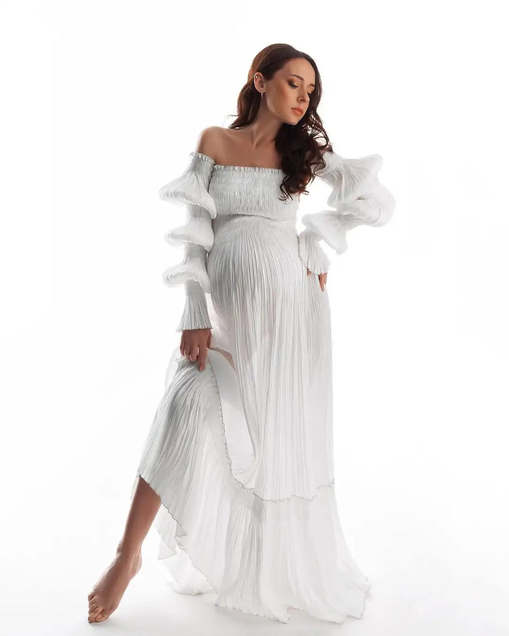 Trendy Off Shoulders Pleats Mesh Maternity Dresses For Photography Wrinkled Fabric Draped Long Pregnancy Gown Lantern Sleeve