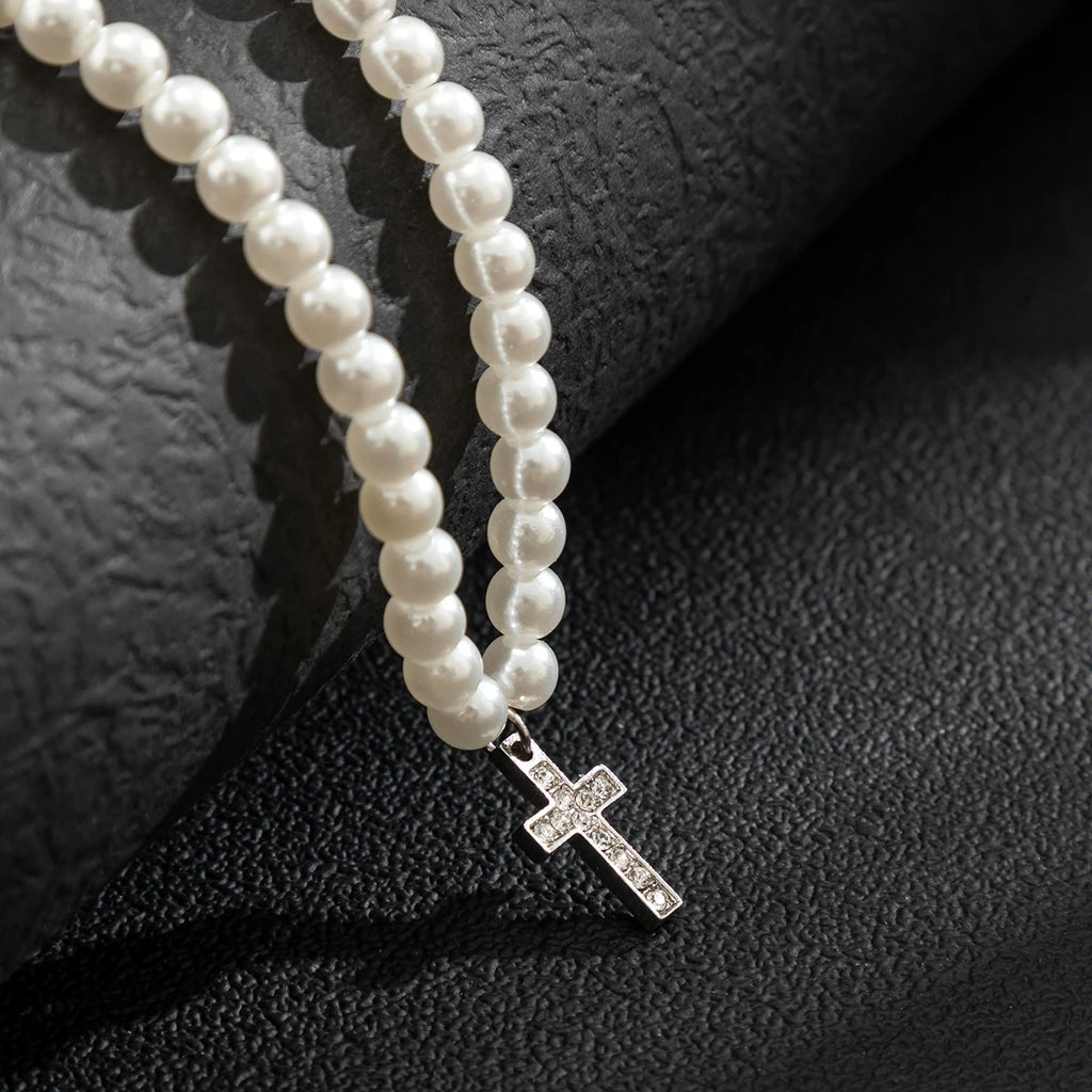 Pearl Beads Chain with Shiny Rhinestone Cross Pendants Necklace Men Trendy White Beaded Choker on Neck 2022 Fashion Jewelry Male