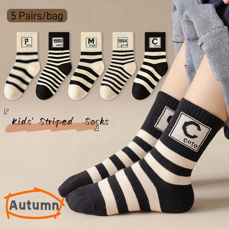 5 pairs Spring Socks Kids Cotton Socks Mid Calf Socks Striped Letter Pattern Children Sporty Socks Boys Socks