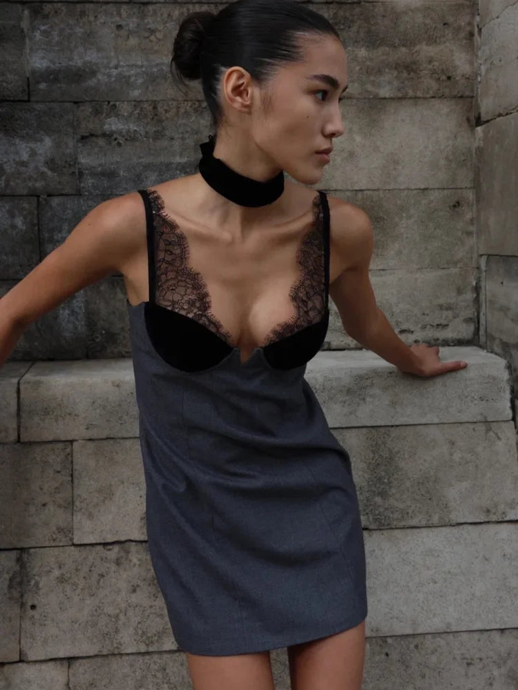Grey Lace Patchwork Velvet Dress Women Sleeveless Off Shoulder High Waist Slim Mini Sling Dresses 2025 Lady Evening Party Gown