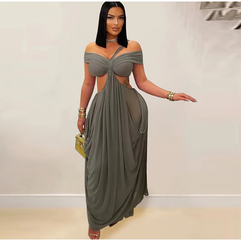 Sexy Beach Long Dress Women Hollow Out Backless Fold A Line Vestidos Female 2025 Summer Fashion Chic Solid High Waist Dresses